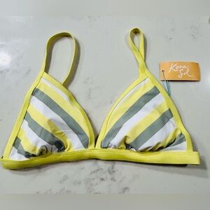 Kona Sol Bikini Top, Medium, Stripes Soft Yellow, Gray & White Adjustable Straps